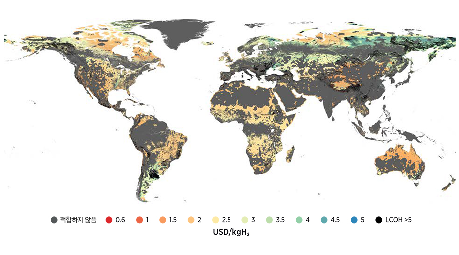 2030, 2050년 그린수소 생산 원가 글로벌 맵